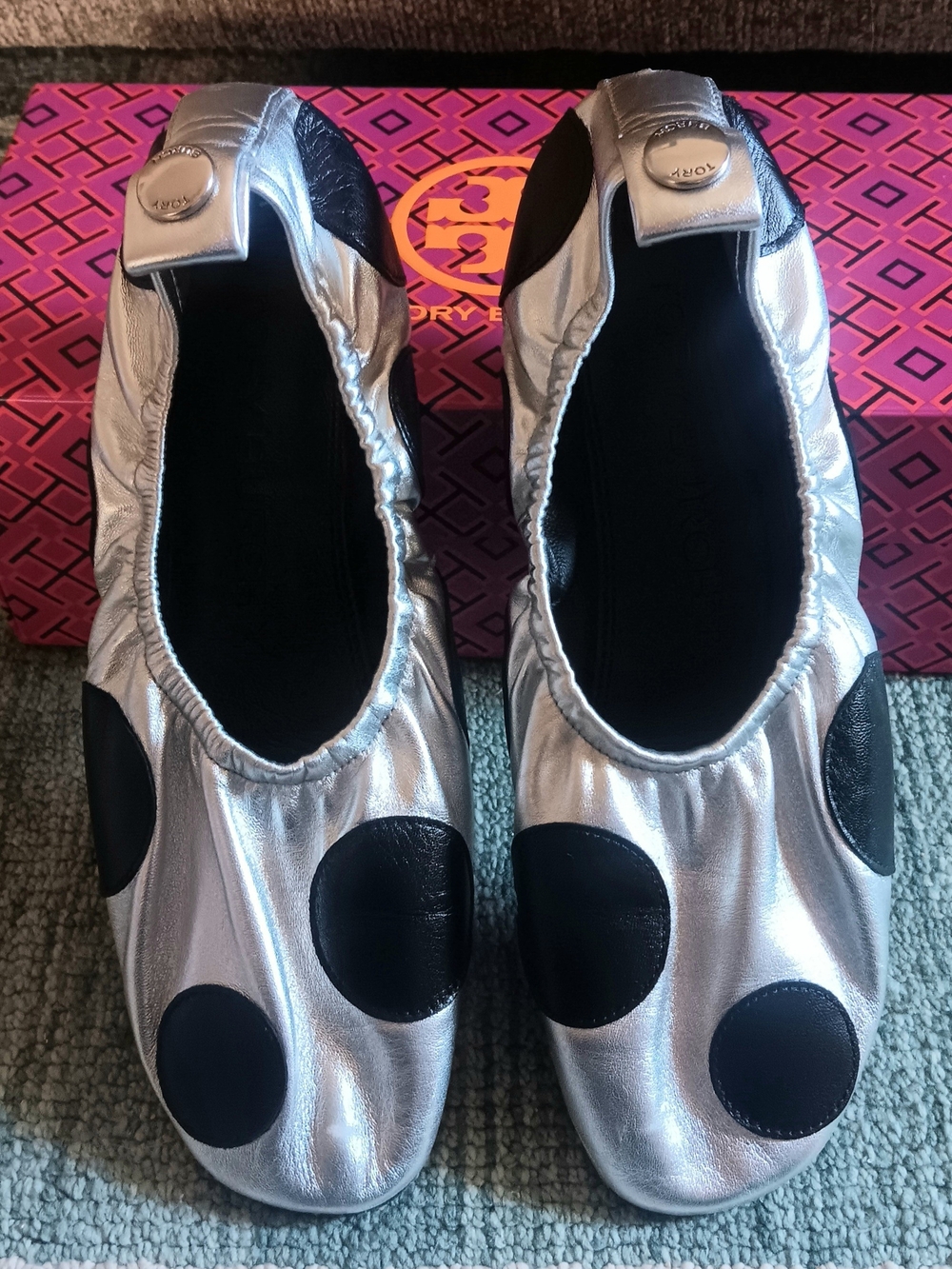 Tory Burch Silver Ballet Flats with Black Polka Dots